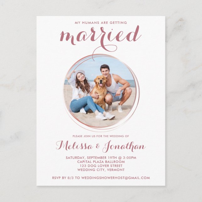 Moderne Rose Gold Custom Pet Foto Hochzeit Einladungspostkarte (Vorderseite)