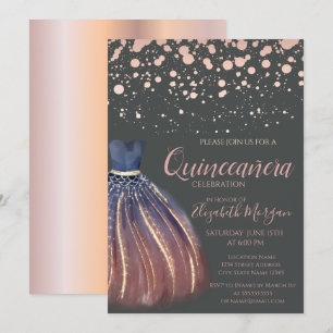 Moderne Rose Gold Dots, Chic Dress Gray Quinceañer Einladung