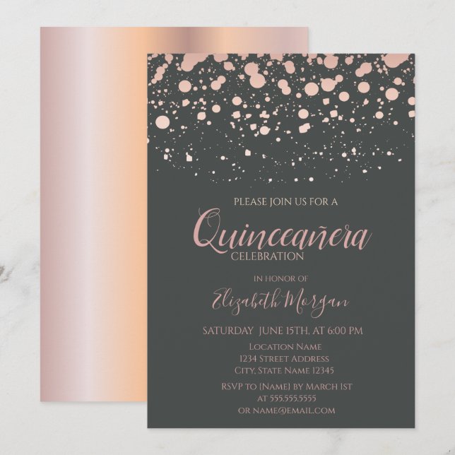 Moderne Rose Gold Dots, Grau Quinceanera Einladung (Vorne/Hinten)