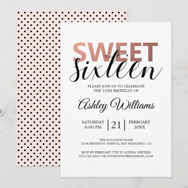 Moderne Rose Gold Elegant Sweet 16 Einladung (Vorne/Hinten)