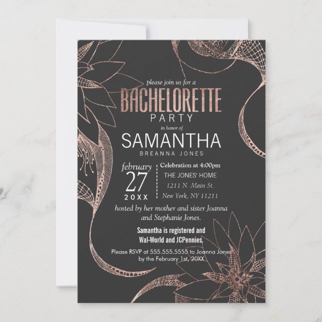 Moderne Rose Gold Floral Zeichnend Junggeselinnen- Einladung (Vorderseite)