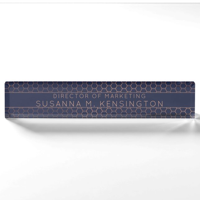 Moderne Rose Gold Foil Navy Blue Geometric Hexagon Namensplakette (Vorderseite)