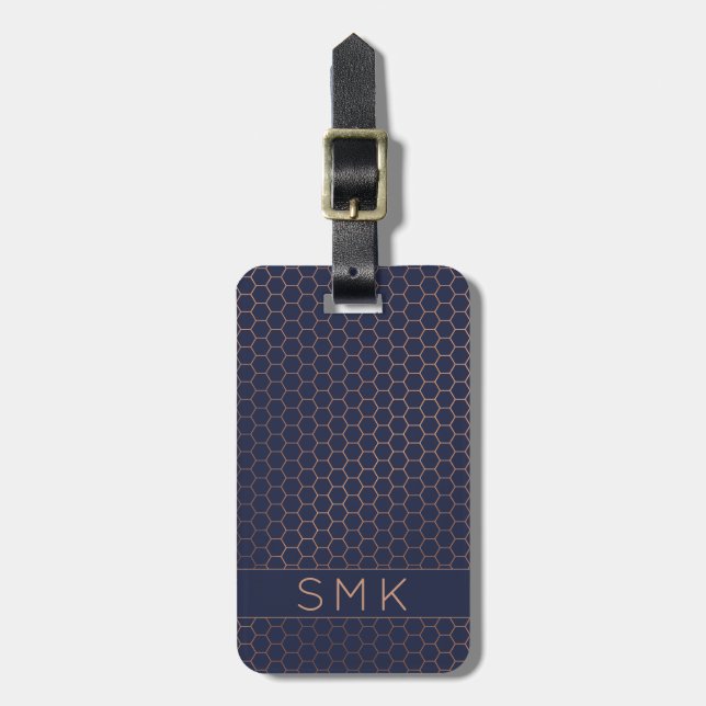 Moderne Rose Gold Foil Navy Blue Geometric Monogra Gepäckanhänger (Vorderseite vertikal)