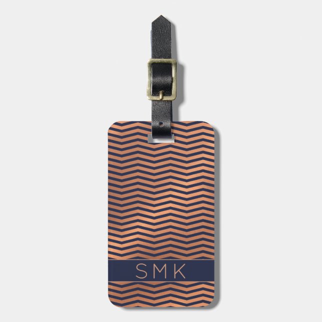 Moderne Rose Gold Foil Navy Blue Zickzack Monogram Gepäckanhänger (Vorderseite vertikal)