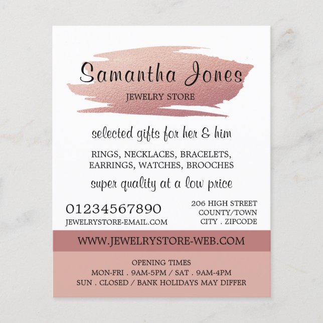 Moderne Rose Gold Foil Pinselstriche, Juwelierlade Flyer (Vorne)
