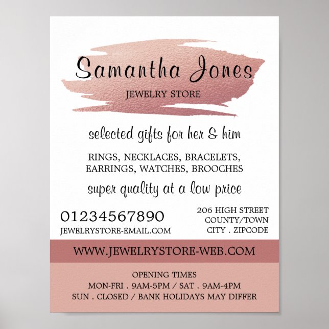 Moderne Rose Gold Foil Pinselstriche, Juwelierlade Poster (Vorne)