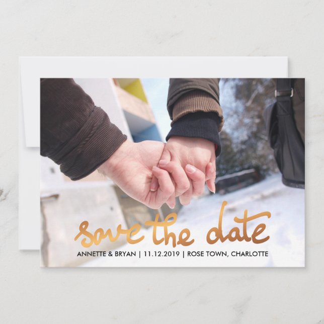 Moderne Rose Gold Foil Save the Date Drehbuch (Vorderseite)