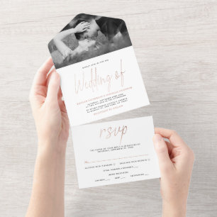 Moderne Rose Gold Foil Script Hochzeit All In One Einladung
