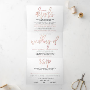 Moderne Rose Gold Foil Script Wedding Suite Dreifach Gefaltete Einladung