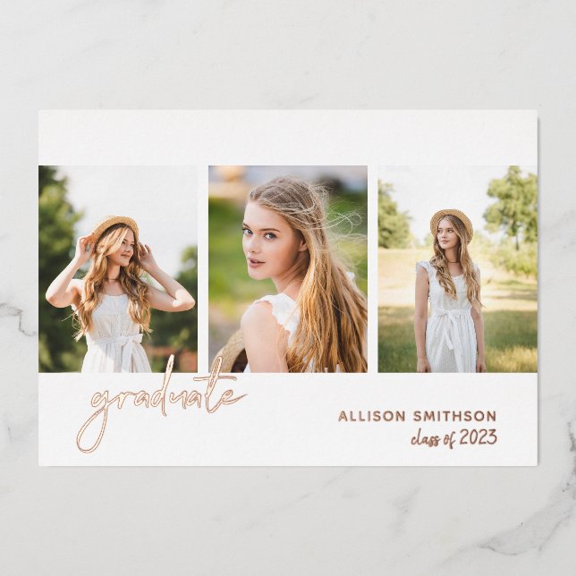 Moderne Rose Gold Foto Abschluss Folieneinladung (Vorderseite)