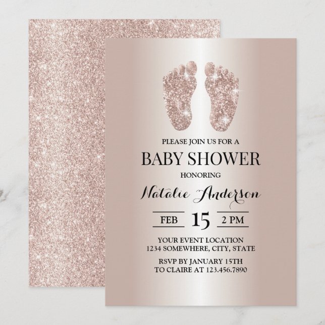 Moderne Rose Gold Glitzer Baby Feet Babydusche Einladung (Vorne/Hinten)