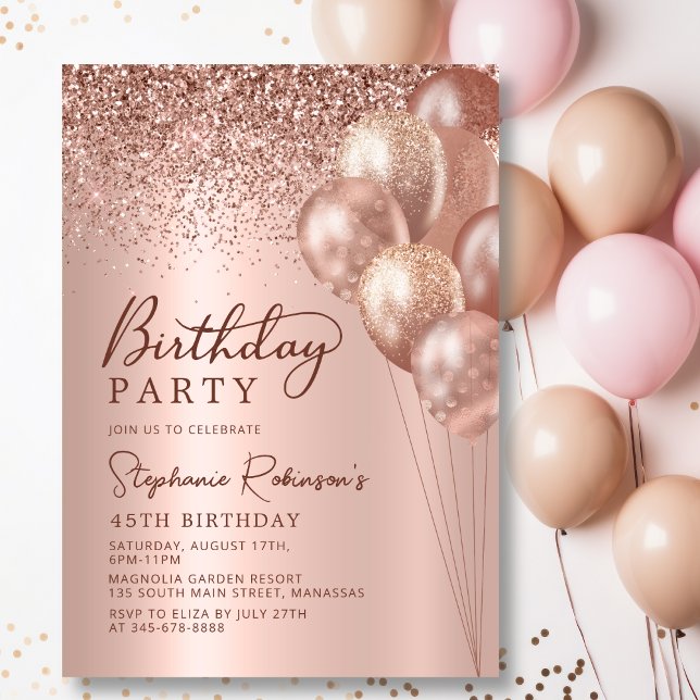 Moderne Rose Gold Glitzer Ballon 45. Geburtstag Einladung (Von Creator hochgeladen)