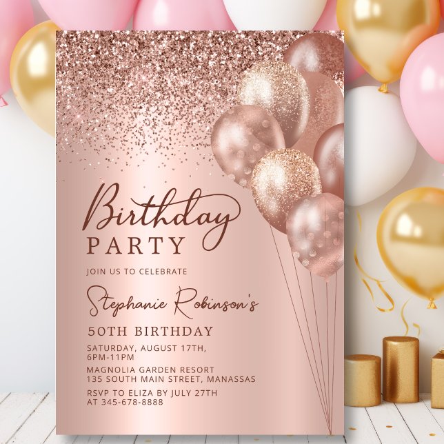 Moderne Rose Gold Glitzer Ballon 50. Geburtstag Einladung (Von Creator hochgeladen)