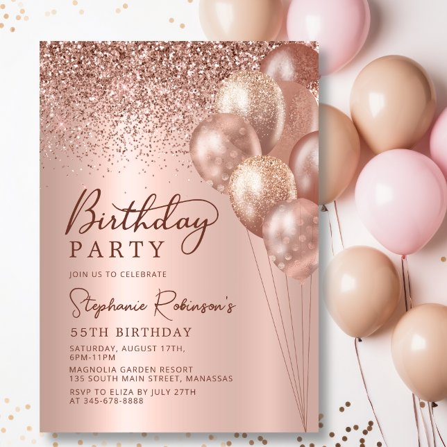 Moderne Rose Gold Glitzer Ballon 55. Geburtstag Einladung (Von Creator hochgeladen)