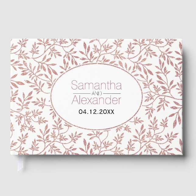 Moderne Rose Gold Glitzer Blätter Hochzeitsgast-Bu Gästebuch (Vorderseite)