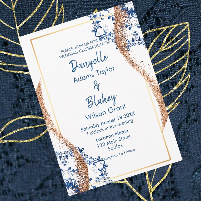 Moderne Rose Gold Glitzer Blue Lace Mandala Weddin Einladung (Von Creator hochgeladen)