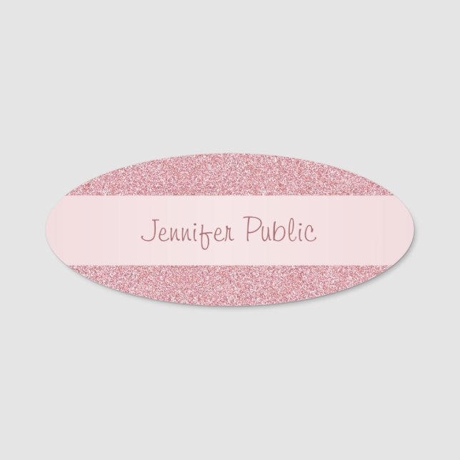 Moderne Rose Gold Glitzer Elegante Handschrift Namensschild (Vorderseite)