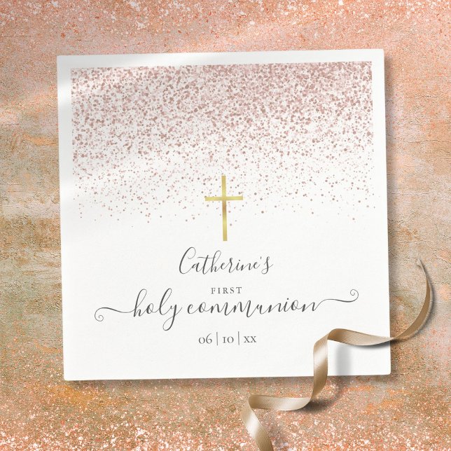 Moderne Rose Gold Glitzer Erste Heilige Kommune Serviette (Modern Rose Gold Glitter First Holy Communion Napkins)