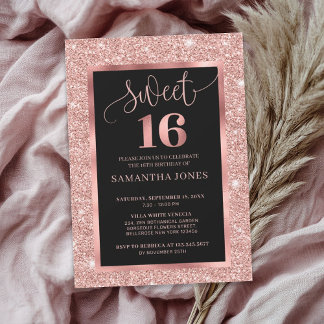 Moderne Rose Gold Glitzer Folie schwarz 16 . Gebur Einladung