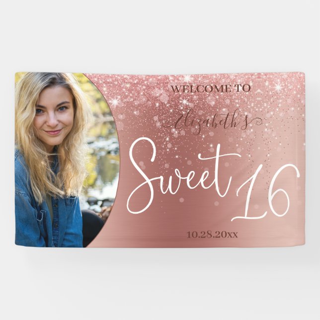 Moderne Rose Gold Glitzer Foto Sweet 16 Banner (Horizontal)