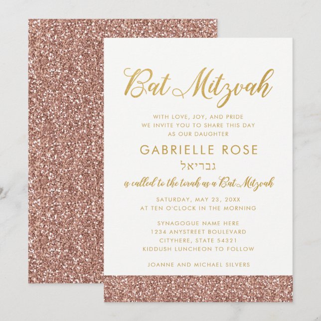 Moderne Rose Gold Glitzer & Gold Bat Mitzvah A7 Einladung (Vorne/Hinten)