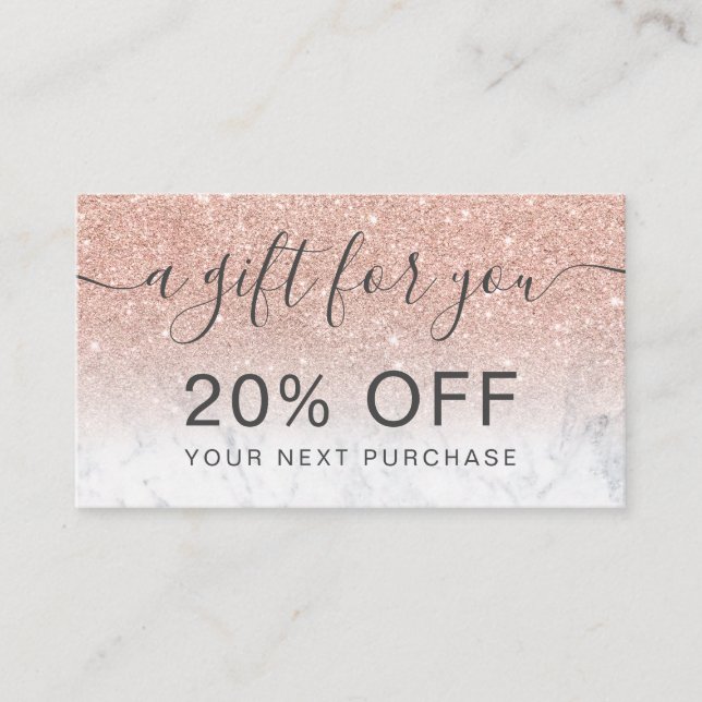 Moderne Rose Gold Glitzer Marmor ombre beruflich Rabattkarte (Vorderseite)