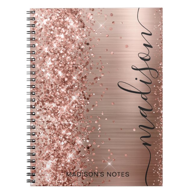 Moderne Rose Gold Glitzer Metallic Monogram Script Notizblock (Vorderseite)