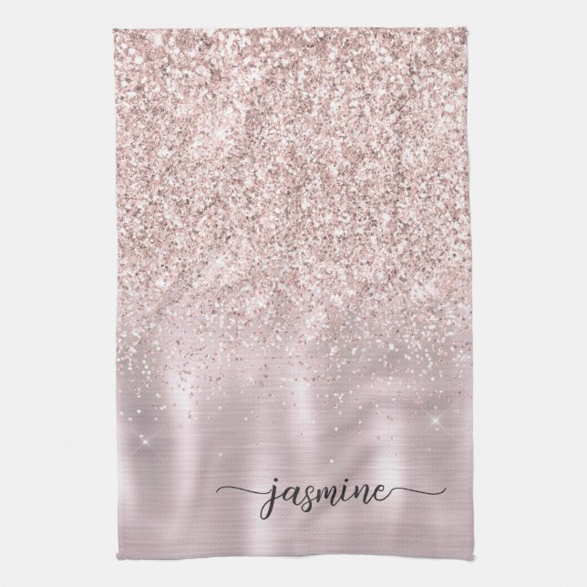 Moderne Rose Gold Glitzer Monogram Name Kitt Geschirrtuch (Vertikal)