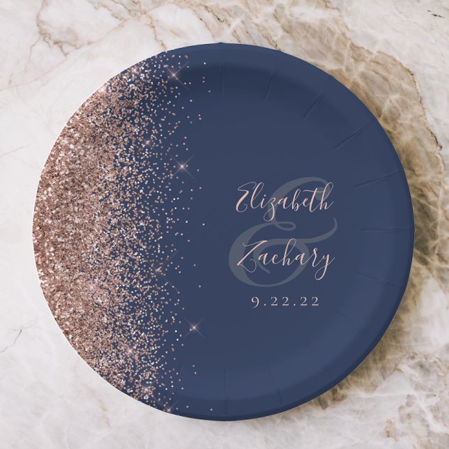 Moderne Rose Gold Glitzer Navy Blue Wedding Pappteller (Von Creator hochgeladen)