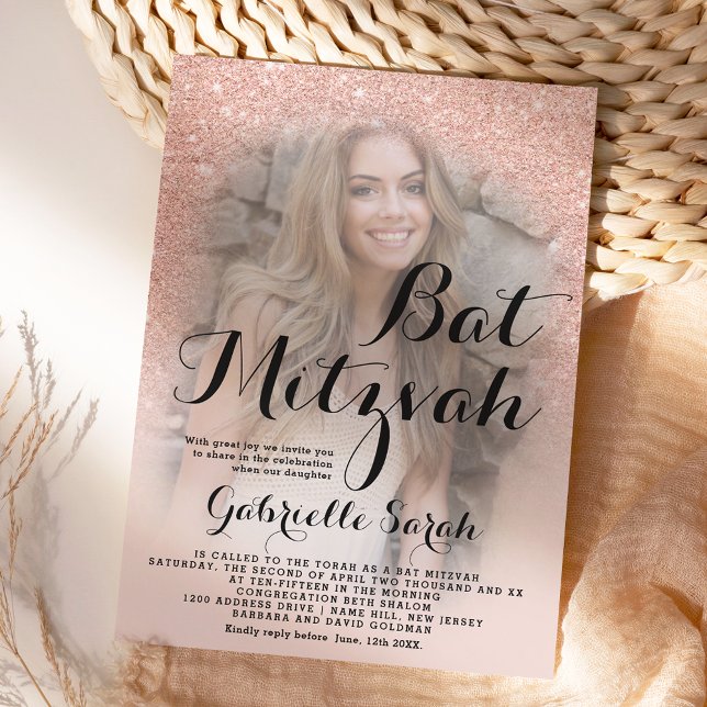 Moderne Rose Gold Glitzer ombre Foto Bat Mitzvah Einladung (Von Creator hochgeladen)