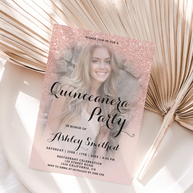 Moderne Rose Gold Glitzer ombre Foto Quinceañera Einladung (Von Creator hochgeladen)