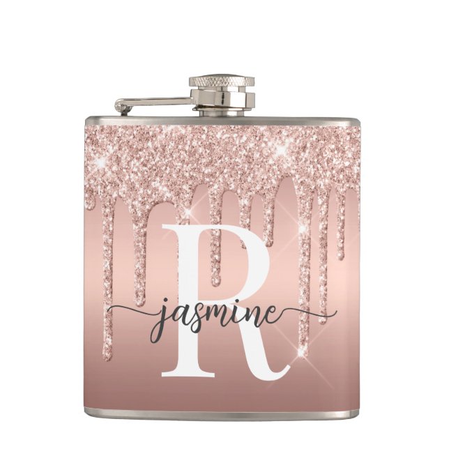 Moderne Rose Gold Glitzer Ombre Metal Monogram Flachmann (Vorderseite)