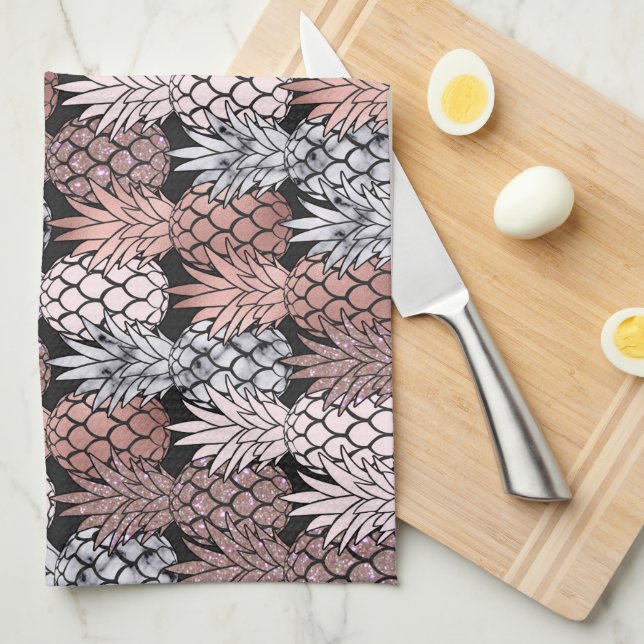 Moderne Rose Gold Glitzer Pink Ananas Muster Geschirrtuch (Viertel Falte)