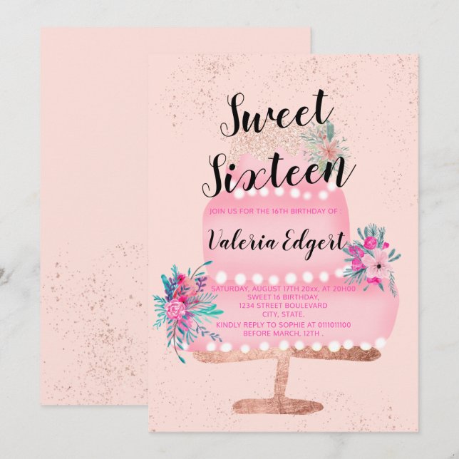 Moderne Rose Gold Glitzer Rosa Blumenkuchen Süß 16 Einladung (Vorne/Hinten)