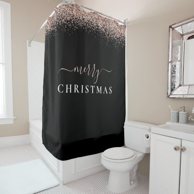 Moderne Rose Gold Glitzer Schwarz Frohe Weihnachte Duschvorhang (Beispiel)