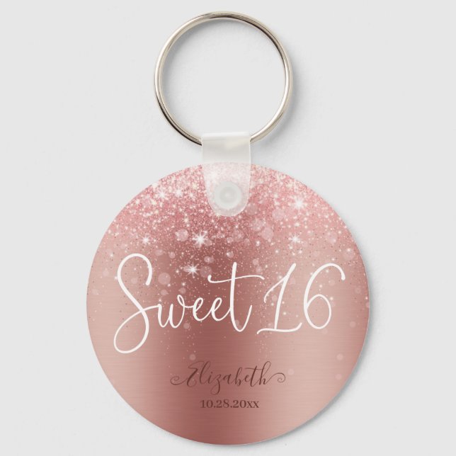 Moderne Rose Gold Glitzer Sweet 16 Schlüsselanhänger (Vorderseite)