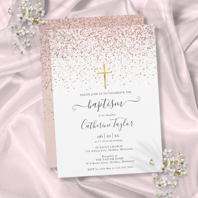 Moderne Rose Gold Glitzer Taufe Christening Einladung (Modern Rose Gold Glitter Baptism Christening Invitation)