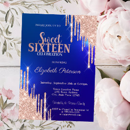 Moderne Rose Gold Glitzer Tropfen Blue Sweet 16 Einladung