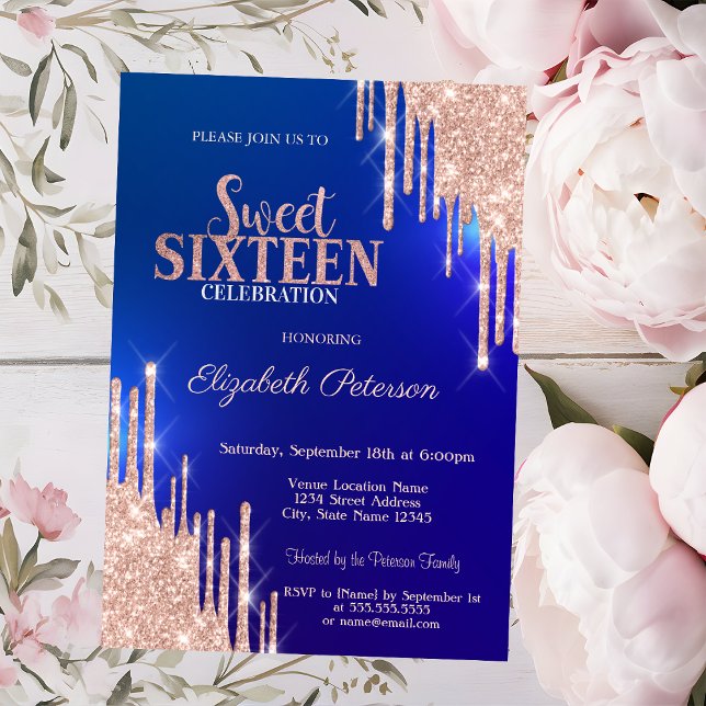Moderne Rose Gold Glitzer Tropfen Blue Sweet 16 Einladung (Von Creator hochgeladen)