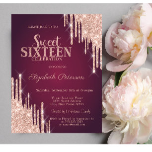 Moderne Rose Gold Glitzer Tropfen Burgundy Sweet 1 Einladung