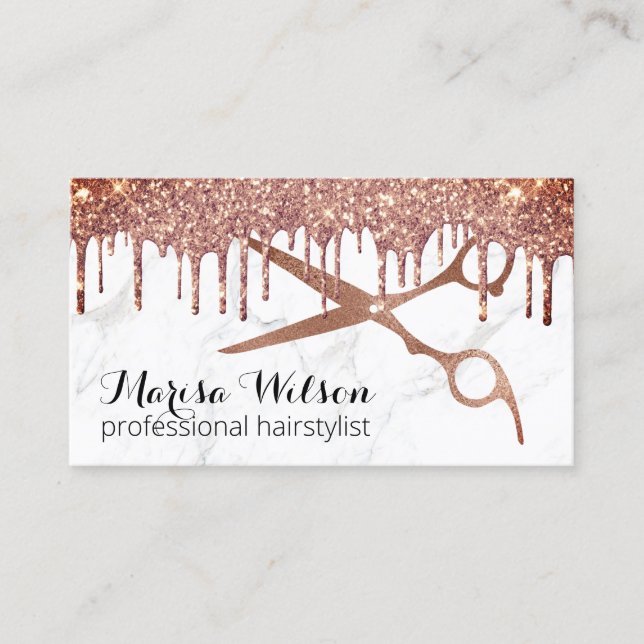 Moderne Rose Gold Glitzer Tropfen Marmorhaar Visitenkarte (Vorderseite)