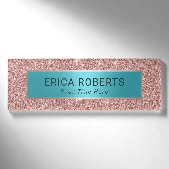Moderne Rose Gold Glitzer & Türkis Schönheitssalon Namenschild (Vorderseite)