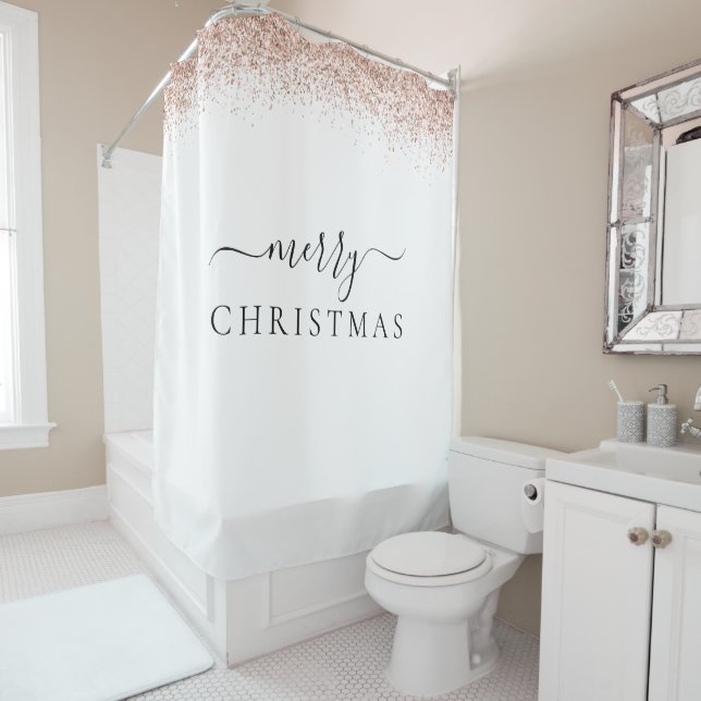 Moderne Rose Gold Glitzer White Frohe Weihnachten Duschvorhang (Beispiel)
