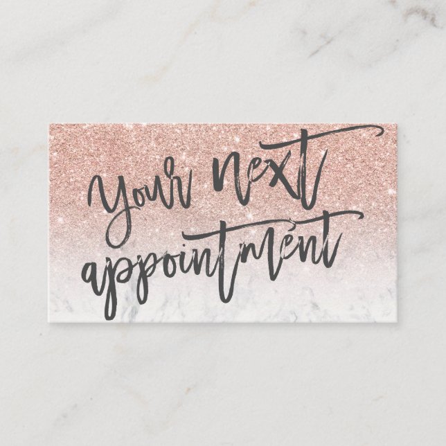 Moderne Rose Gold Glitzer White Script Typografie Terminkarte (Vorderseite)