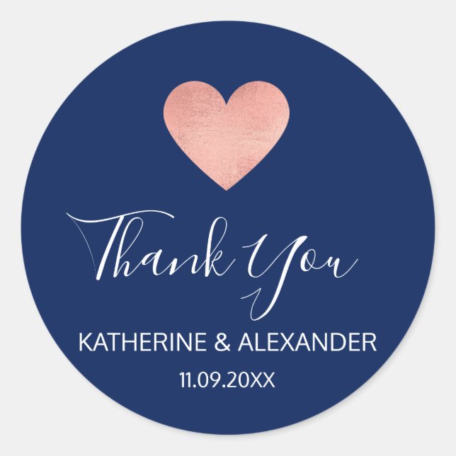 Moderne Rose Gold Heart Navy Blue Wedding Siegel Runder Aufkleber (Vorderseite)