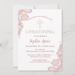 Moderne Rose Gold Lace Cross Girl Christening Einladung