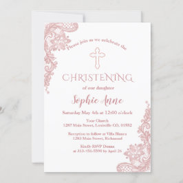 Moderne Rose Gold Lace Cross Girl Christening Einladung