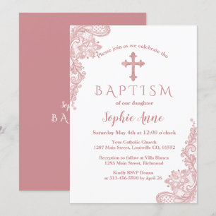 Moderne Rose Gold Lace Cross Girl Taufe Einladung