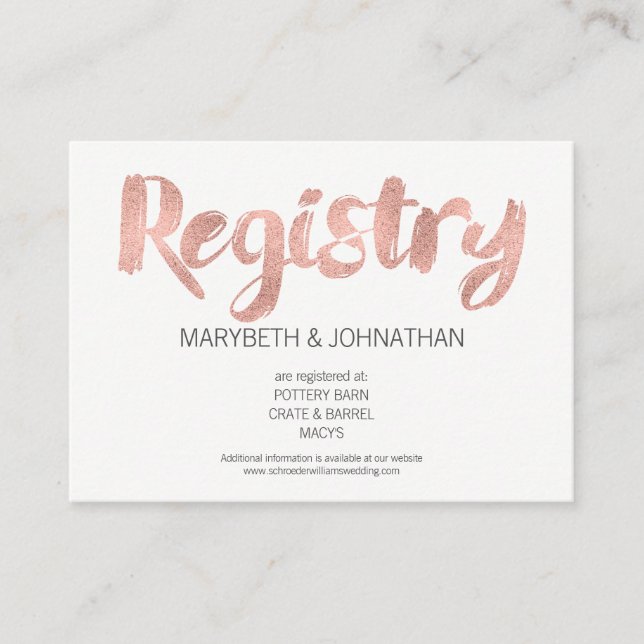 Moderne Rose Gold Liebe Wedding Registry Card Begleitkarte (Vorderseite)