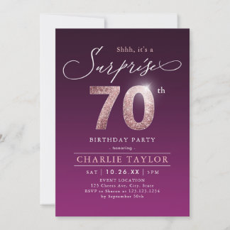 Moderne Rose Gold lila Überraschung 70. Geburtstag Einladung